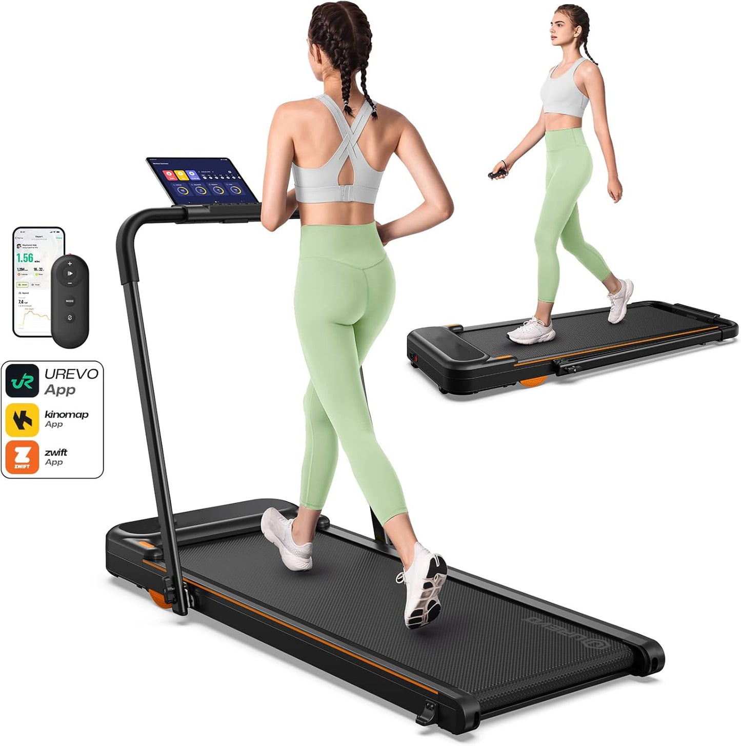 Smart 2-in-1 Folding Treadmill, Compact Walking Pad with Safety Handle, Plug and Play, Dual LED Display, Workout APP, Walking or Running for Home Office, Remote Included