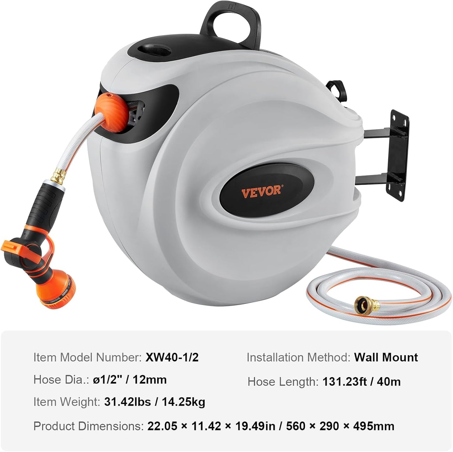 VEVOR Retractable Hose Reel, 65.6 ft x 1/2 inch, 180° Swivel Bracket Wall-Mounted, Garden Water Hose Reel with 9-Pattern Nozzle and 3 Fast Adaptors, Automatic Rewind, Lock at Any Length