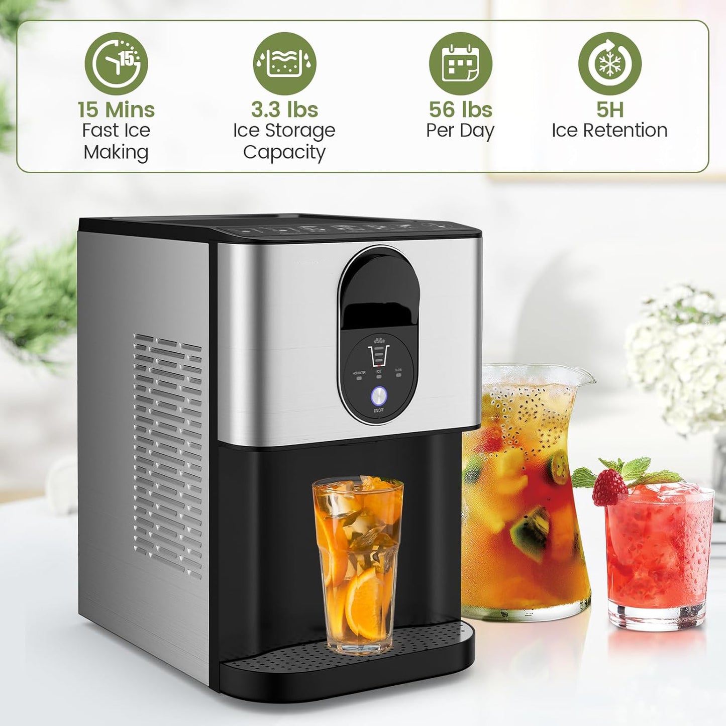 Self Dispensing Nugget Ice Maker Countertop, 56 Lbs/24H Soft Chewable Ice, Pebble Ice Maker with Self-Cleaning, One-Button Operation, Portable Stainless Steel Ice Maker for Home Office Party