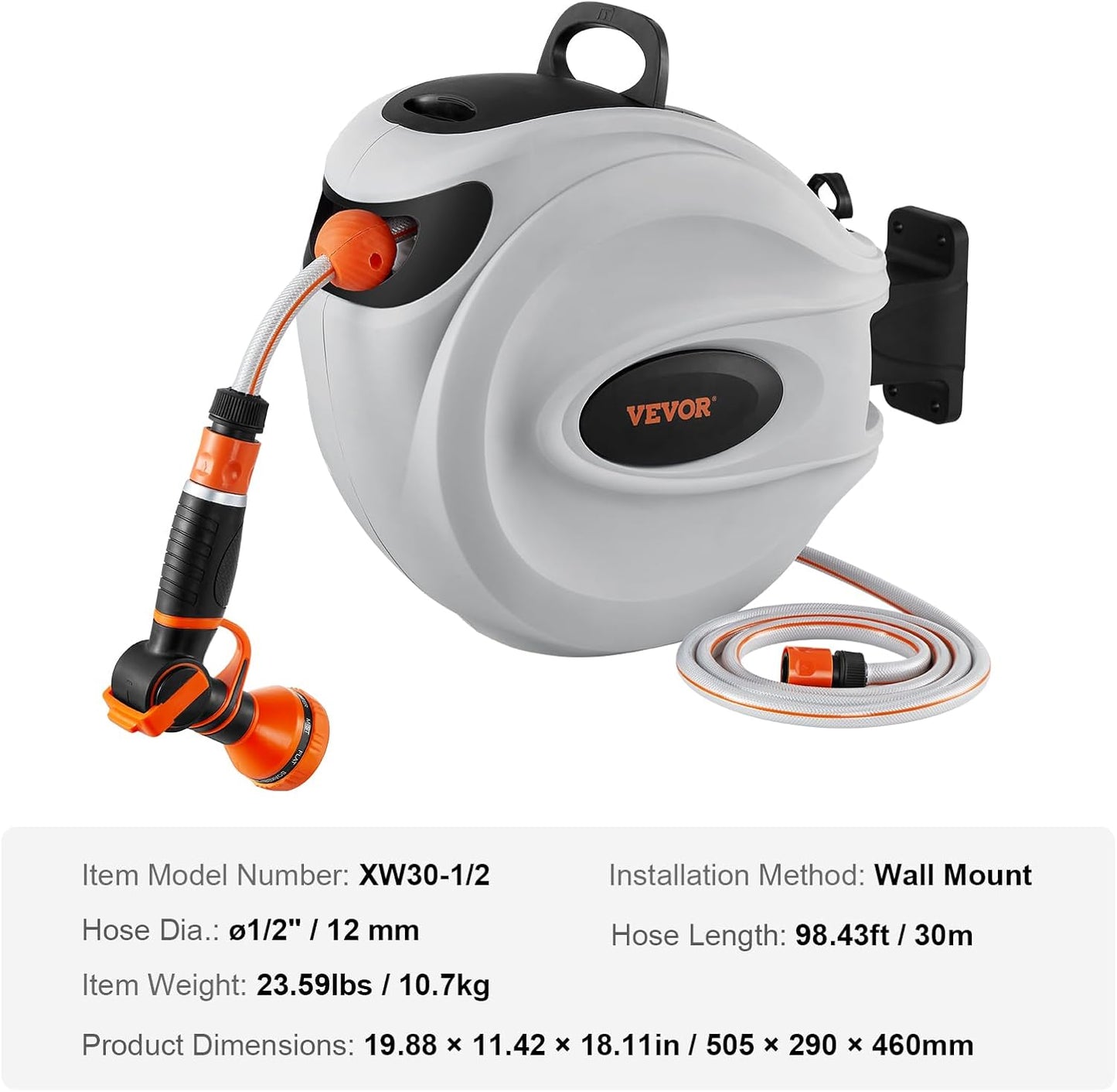 VEVOR Retractable Hose Reel, 65.6 ft x 1/2 inch, 180° Swivel Bracket Wall-Mounted, Garden Water Hose Reel with 9-Pattern Nozzle and 3 Fast Adaptors, Automatic Rewind, Lock at Any Length