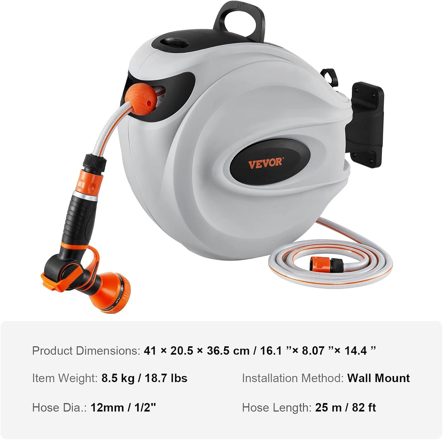 VEVOR Retractable Hose Reel, 65.6 ft x 1/2 inch, 180° Swivel Bracket Wall-Mounted, Garden Water Hose Reel with 9-Pattern Nozzle and 3 Fast Adaptors, Automatic Rewind, Lock at Any Length