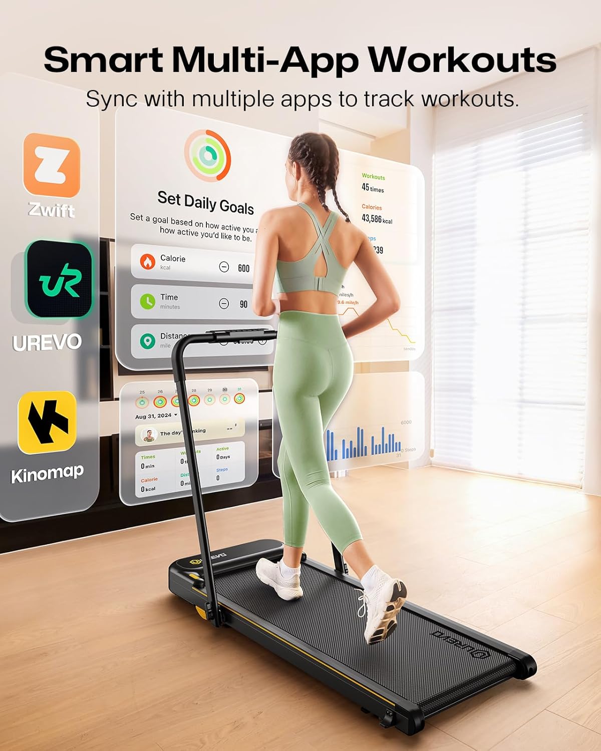 Smart 2-in-1 Folding Treadmill, Compact Walking Pad with Safety Handle, Plug and Play, Dual LED Display, Workout APP, Walking or Running for Home Office, Remote Included