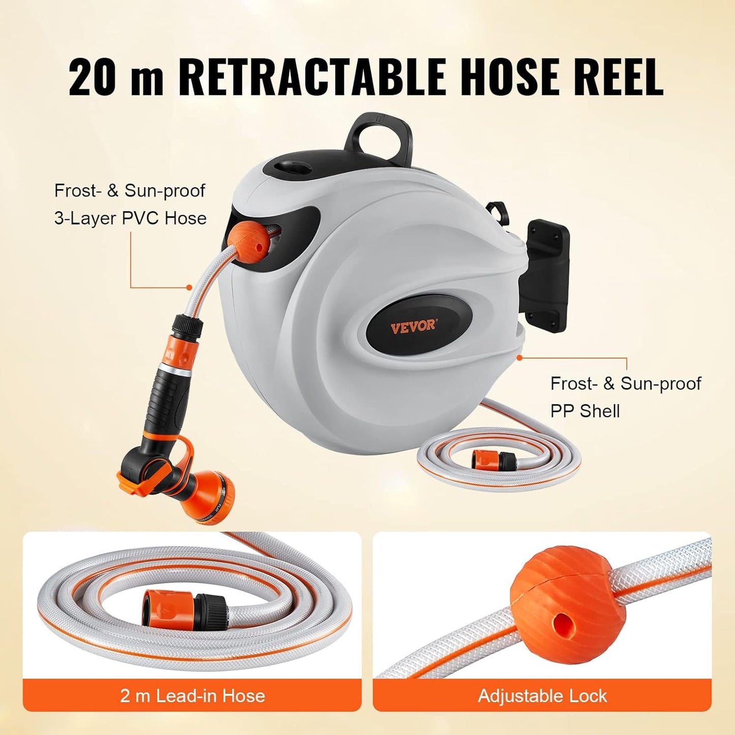 VEVOR Retractable Hose Reel, 65.6 ft x 1/2 inch, 180° Swivel Bracket Wall-Mounted, Garden Water Hose Reel with 9-Pattern Nozzle and 3 Fast Adaptors, Automatic Rewind, Lock at Any Length