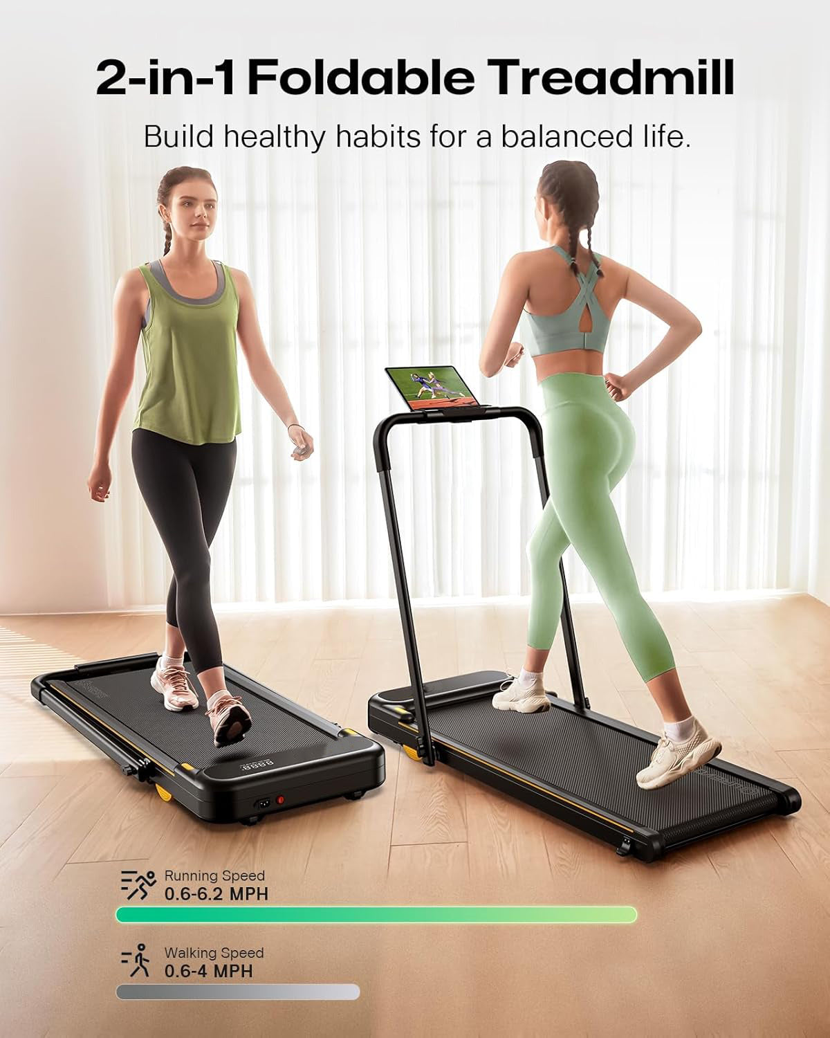 Smart 2-in-1 Folding Treadmill, Compact Walking Pad with Safety Handle, Plug and Play, Dual LED Display, Workout APP, Walking or Running for Home Office, Remote Included