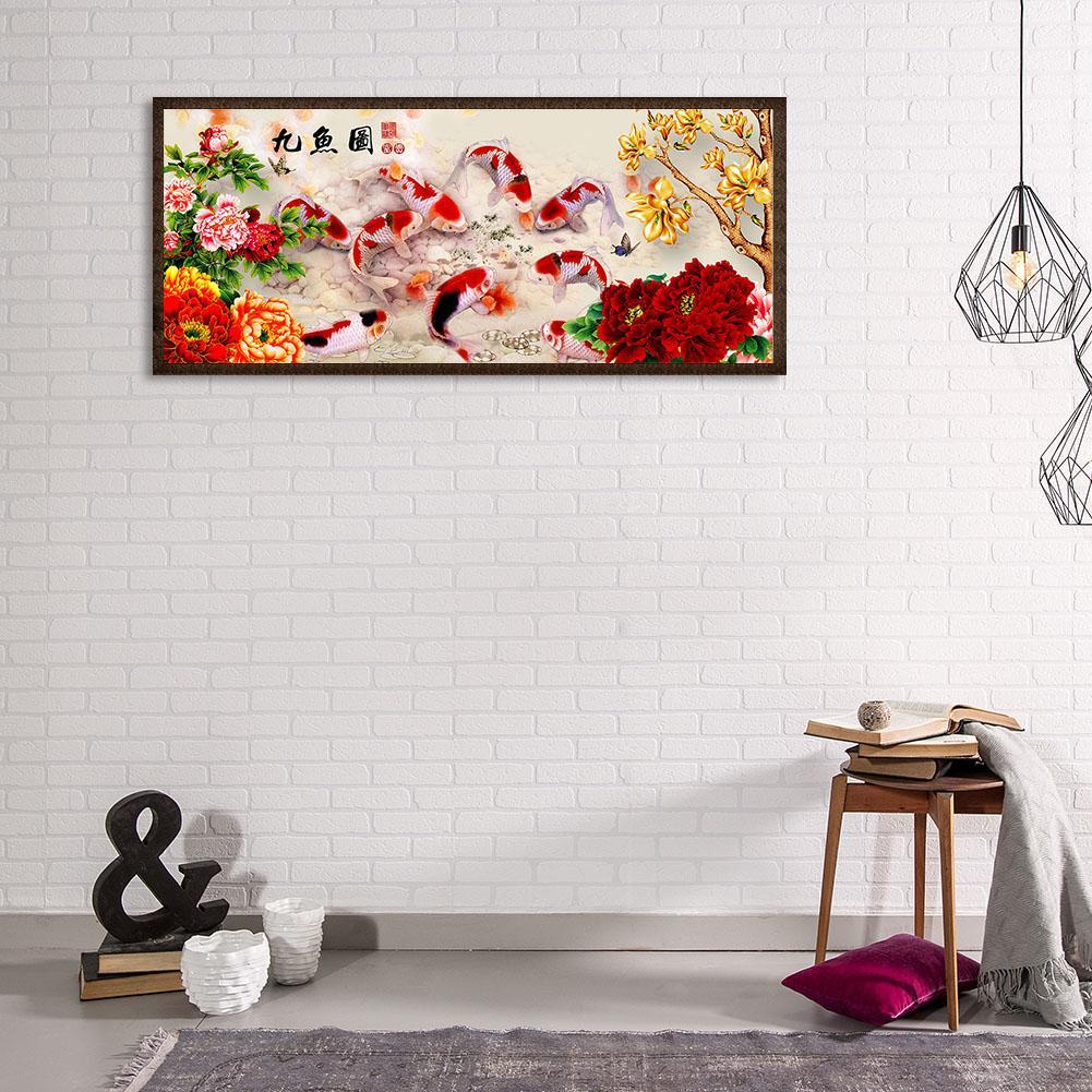 (80*35cm) 5D DIY Full Drill Diamond Painting Peony 9 Fishes Cross Stitch Embroidery