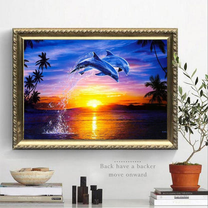 5D DIY Full Drill Diamond Painting Sunset Dolphin Cross Stitch Embroidery