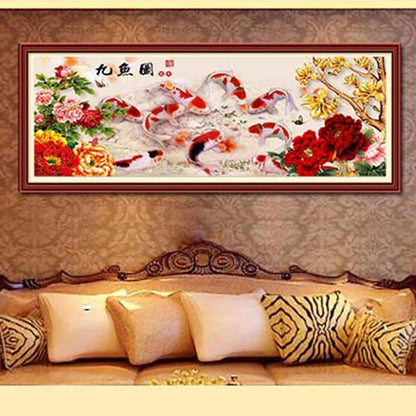 (80*35cm)Peony Nine Fish - Full Round Drill Diamond Painting