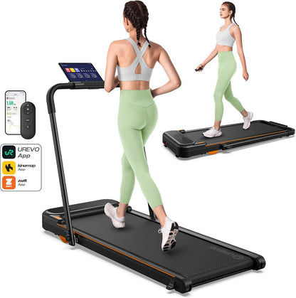 Smart 2-in-1 Folding Treadmill, Compact Walking Pad with Safety Handle, Plug and Play, Dual LED Display, Workout APP, Walking or Running for Home Office, Remote Included