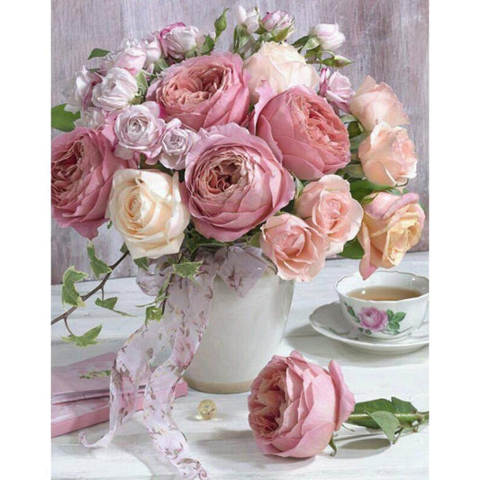 Pink Flowers - Full Round Drill Diamond Painting