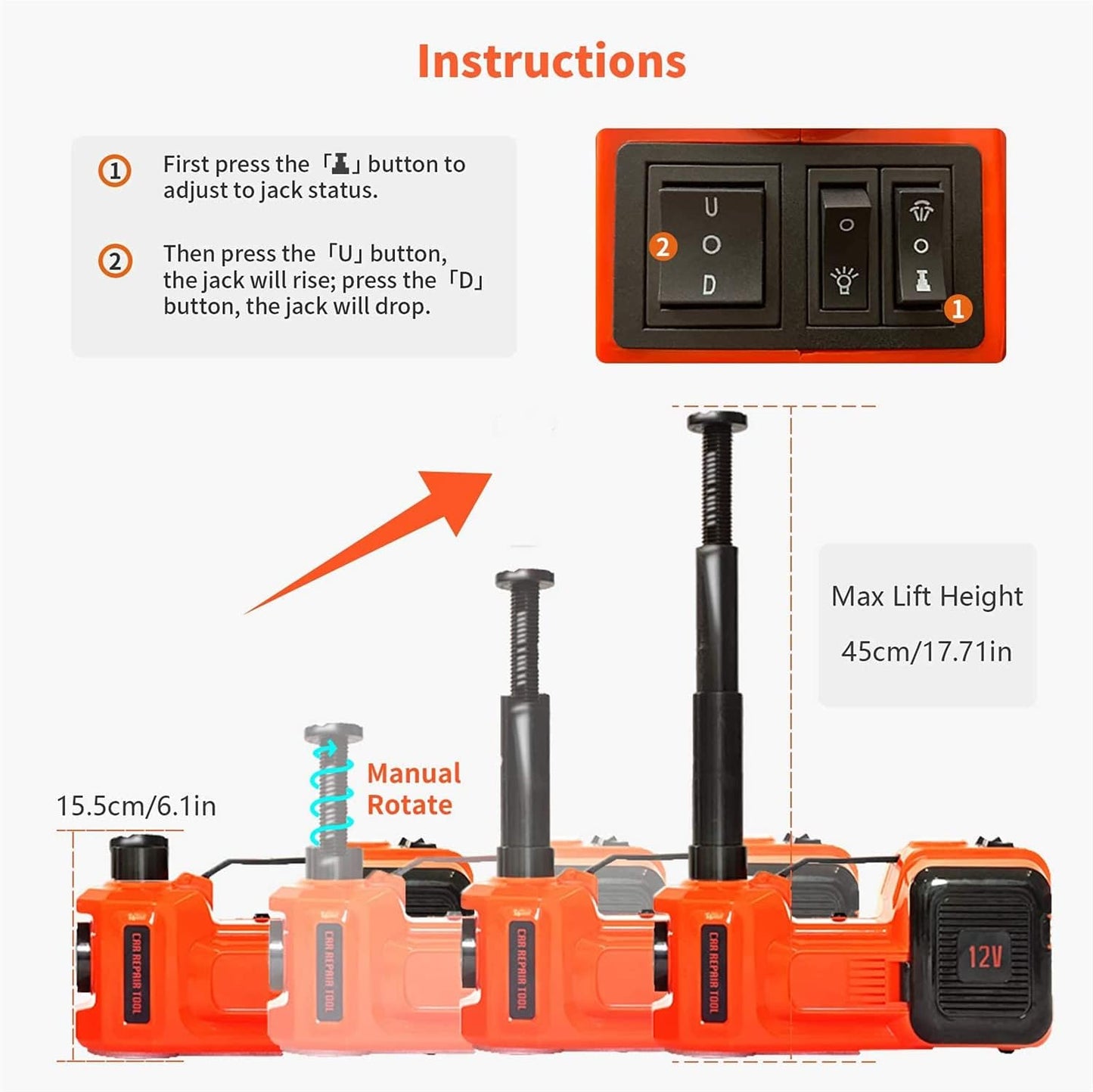 DYTWXG Electric Hydraulic Car Jack, 5 TON 12V, Compatible with Automobile and SUV, Car Jack with Electric Key Kit, Weight Capacity 10000 Pounds, Height Adjustable from 6.1 to 17.7 Inches