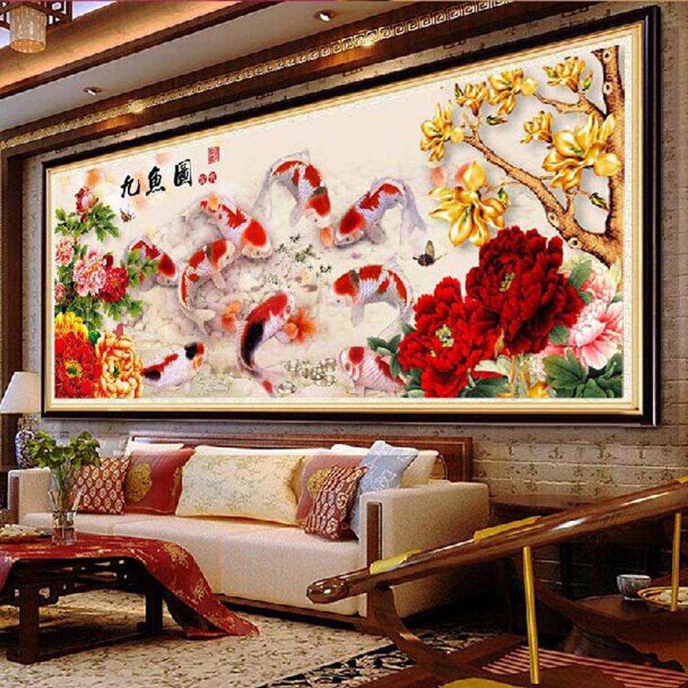 (80*35cm)Peony Nine Fish - Full Round Drill Diamond Painting