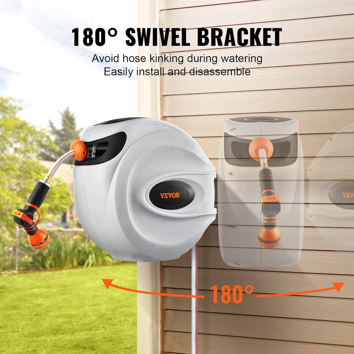 VEVOR Retractable Hose Reel, 65.6 ft x 1/2 inch, 180° Swivel Bracket Wall-Mounted, Garden Water Hose Reel with 9-Pattern Nozzle and 3 Fast Adaptors, Automatic Rewind, Lock at Any Length