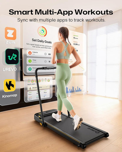 Smart 2-in-1 Folding Treadmill, Compact Walking Pad with Safety Handle, Plug and Play, Dual LED Display, Workout APP, Walking or Running for Home Office, Remote Included