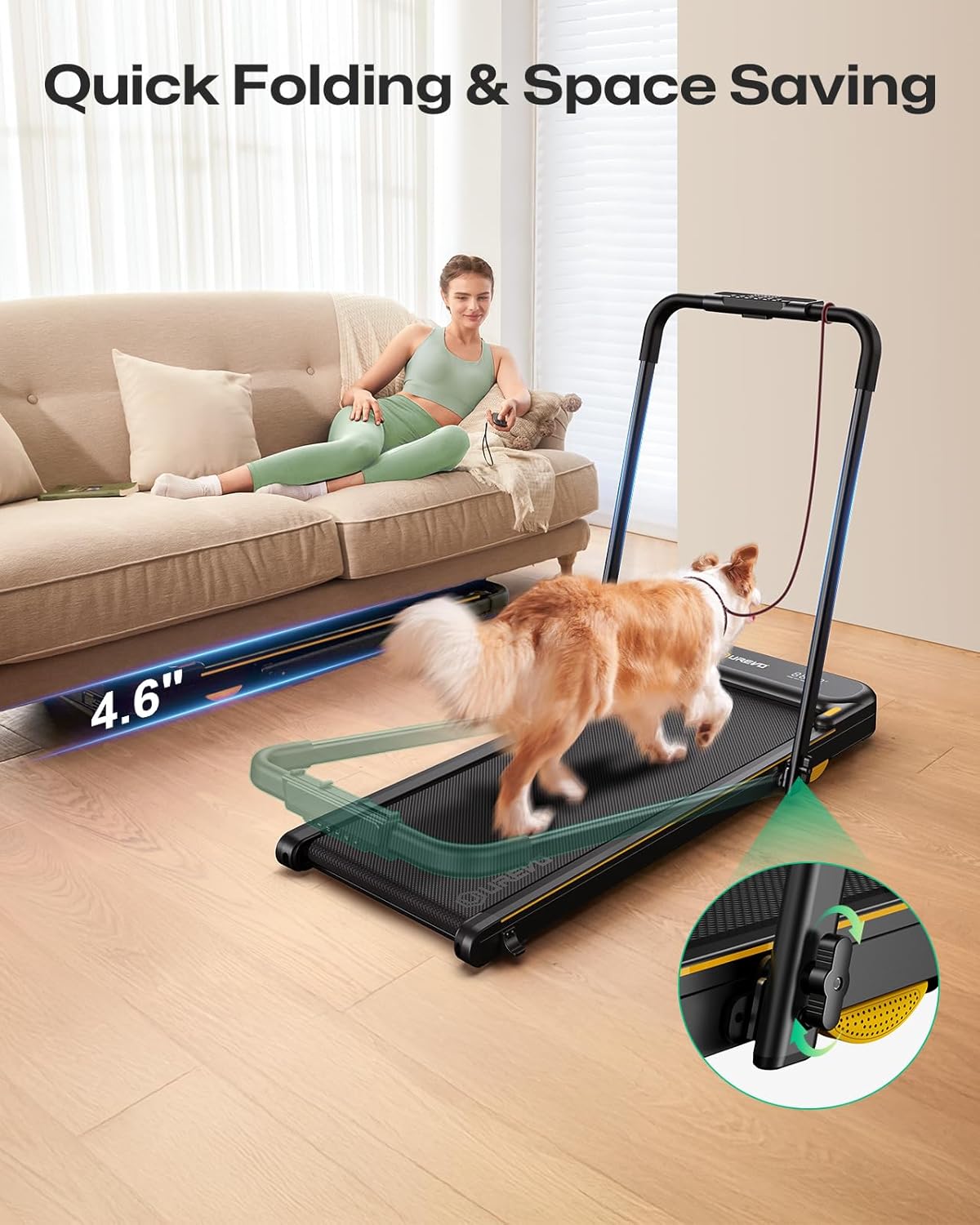 Smart 2-in-1 Folding Treadmill, Compact Walking Pad with Safety Handle, Plug and Play, Dual LED Display, Workout APP, Walking or Running for Home Office, Remote Included