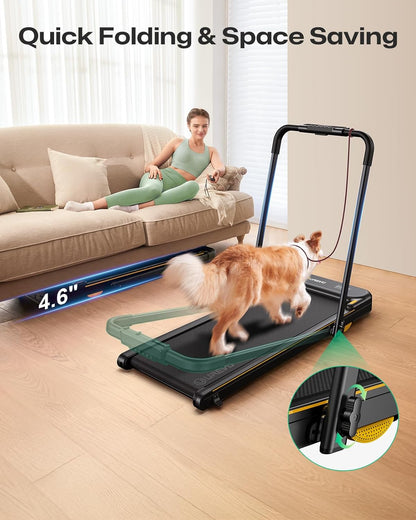 Smart 2-in-1 Folding Treadmill, Compact Walking Pad with Safety Handle, Plug and Play, Dual LED Display, Workout APP, Walking or Running for Home Office, Remote Included