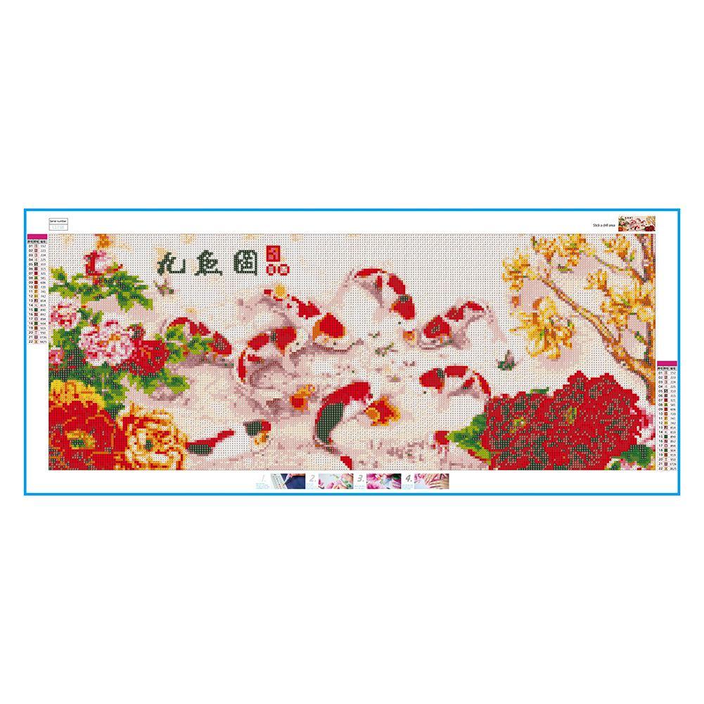 (80*35cm) 5D DIY Full Drill Diamond Painting Peony 9 Fishes Cross Stitch Embroidery