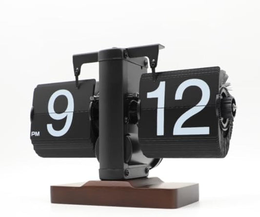 Walnut Wood Base Flip Down Clock,Retro Digital Flip Desk Clock,Vintage Design Auto Flip Clock,Battery Operated Digital Display,Home and Office Decorations(No Battery Included)-Black