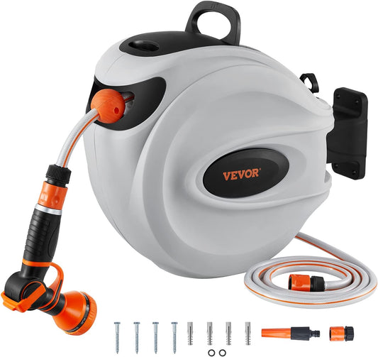 VEVOR Retractable Hose Reel, 65.6 ft x 1/2 inch, 180° Swivel Bracket Wall-Mounted, Garden Water Hose Reel with 9-Pattern Nozzle and 3 Fast Adaptors, Automatic Rewind, Lock at Any Length