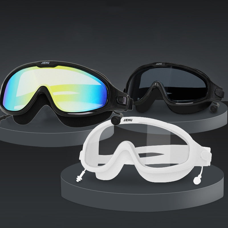 Adult Swimming Goggles Large Frame with ear plug Waterproof Anti Fog Swim Glasses beach eye mask men women