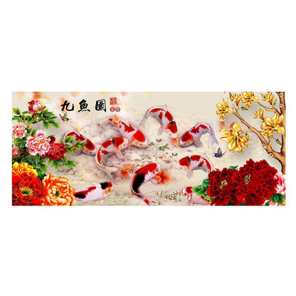 (80*35cm)Peony Nine Fish - Full Round Drill Diamond Painting