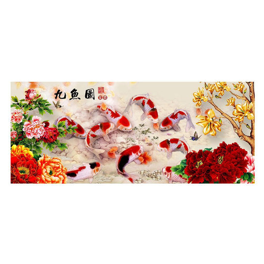 (80*35cm)Peony Nine Fish - Full Round Drill Diamond Painting