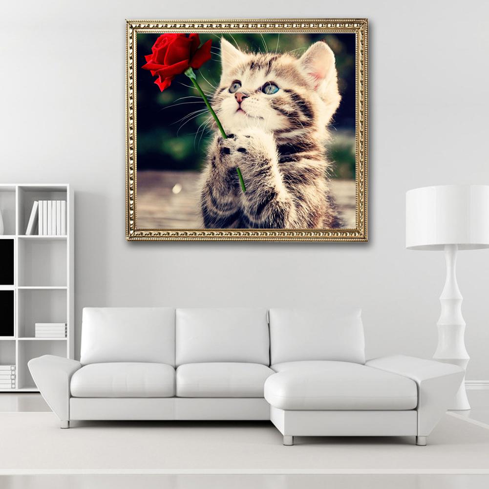 Naughty Kitten Cat Rose 5D Diamond DIY Painting Craft Home Decor