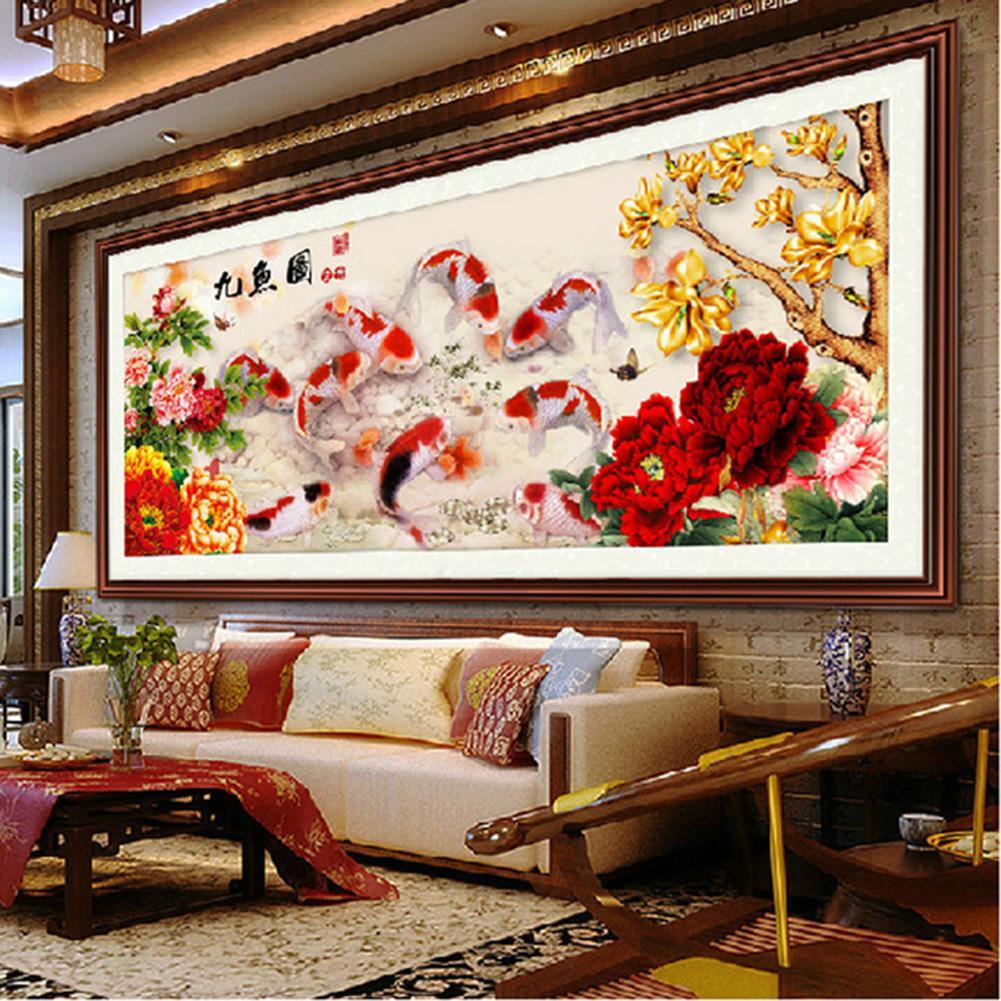 (80*35cm)Peony Nine Fish - Full Round Drill Diamond Painting