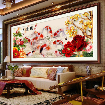 (80*35cm)Peony Nine Fish - Full Round Drill Diamond Painting