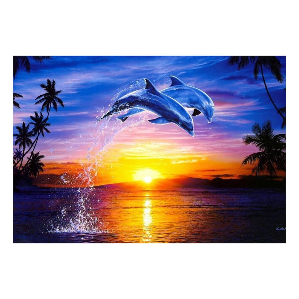 5D DIY Full Drill Diamond Painting Sunset Dolphin Cross Stitch Embroidery