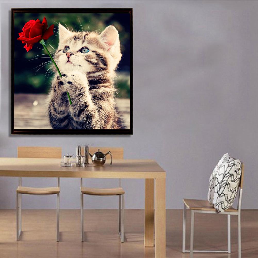 Naughty Kitten Cat Rose 5D Diamond DIY Painting Craft Home Decor